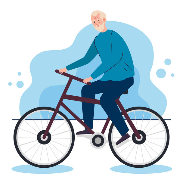 cute old man in bicycle, leisure activity - Vector, Image