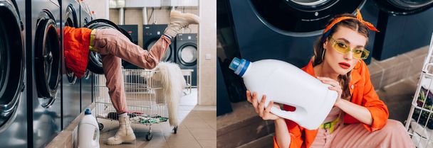 Collage einer Frau mit Sonnenbrille, die eine Flasche mit Waschmittel in der Nähe von Waschmaschinen im Waschsalon hält - Foto, Bild