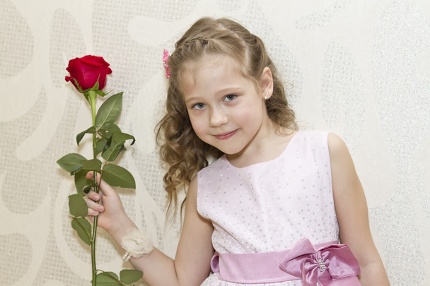 Little girl in a dress holding a rose - Photo, Image