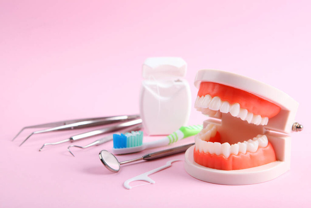 μοντέλο δοντιών και οδοντιατρικών οργάνων και προϊόντων οδοντιατρικής περίθαλψης σε έγχρωμο φόντο - Φωτογραφία, εικόνα