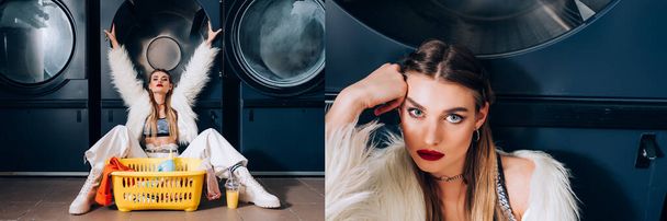 collage de jeune femme en fausse veste de fourrure assis avec les mains au-dessus de la tête et regardant la caméra dans la laverie automatique - Photo, image