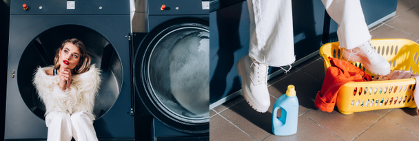collage of dreamy woman in white faux fur jacket sitting in public washing machine near basket with clothing  - 写真・画像