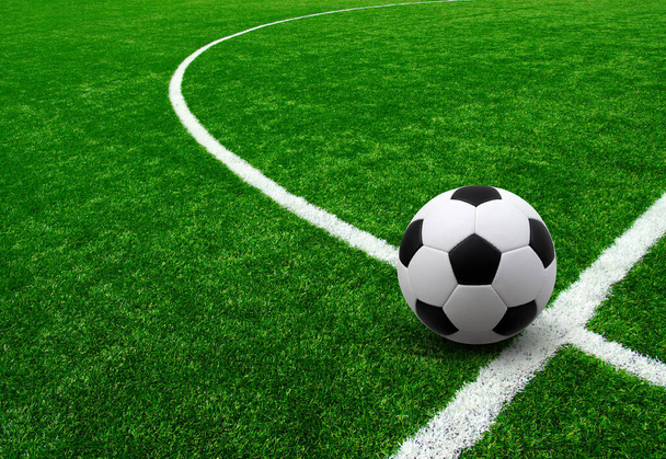 Soccer ball on green football field background with copy space  - Photo, Image