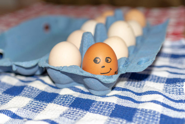 Açık bir kutuda kareli havlunun üzerinde beyaz tavuk yumurtası, on yumurtadan biri komik, biri kahverengi gülüyor. Yaklaş.. - Fotoğraf, Görsel