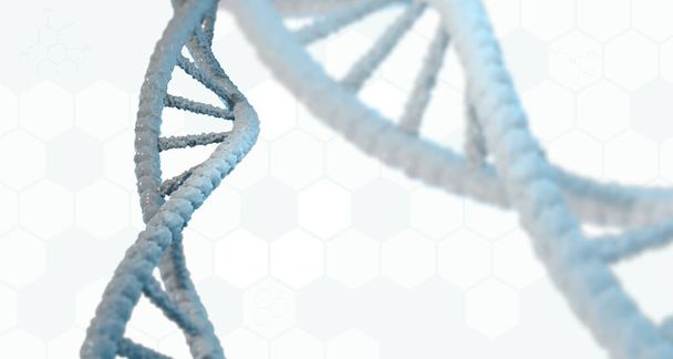 Ilustración de ADN 3D. Resumen 3d polygon wireframe espiral dna hélice molecular en color azul Ciencias médicas, biotecnología genética, biología, química - Foto, imagen