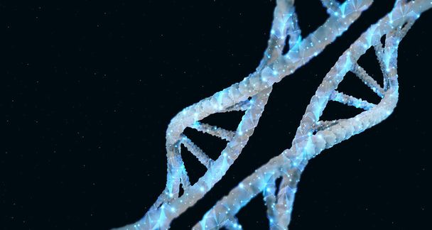 DNA 3D çizimi. Mavi renkli tıp bilimi, genetik biyoteknoloji, biyoloji, kimya üzerine soyut 3D çokgen sarmal DNA moleküler sarmalı - Fotoğraf, Görsel