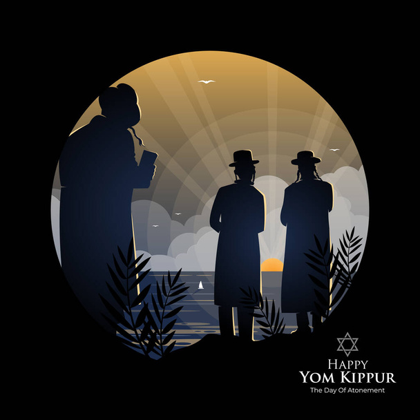 Eine Illustration zeigt orthodoxe Juden, die einen Tag vor Jom Kippur ein jüdisches Gebet namens Taschlich verrichten. Jom Kippur bedeutet Versöhnungstag - Vektor, Bild