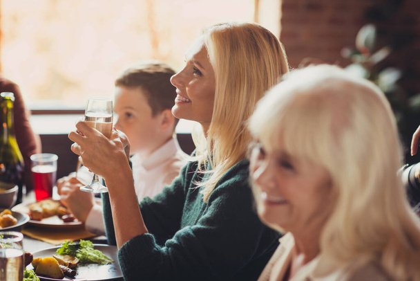Old beautiful grandmothers communicating relatives listen toasts thanksgiving dinner house living room indoors - Φωτογραφία, εικόνα