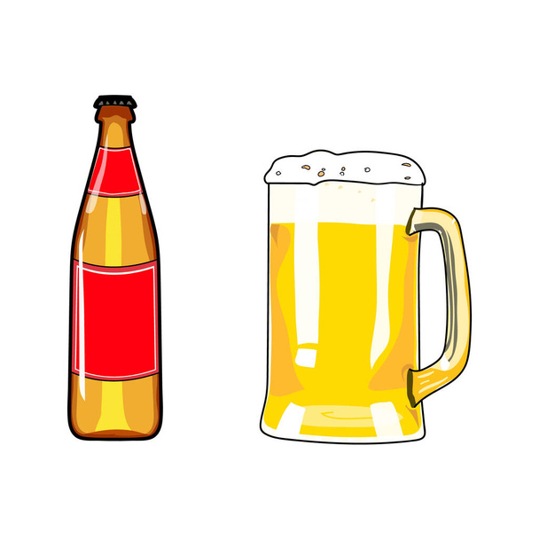 Beer bottle and mug of beer. Beer design element. Cartoon style beer. Hand drawing alcohol. Vector illustration beer. - Вектор,изображение