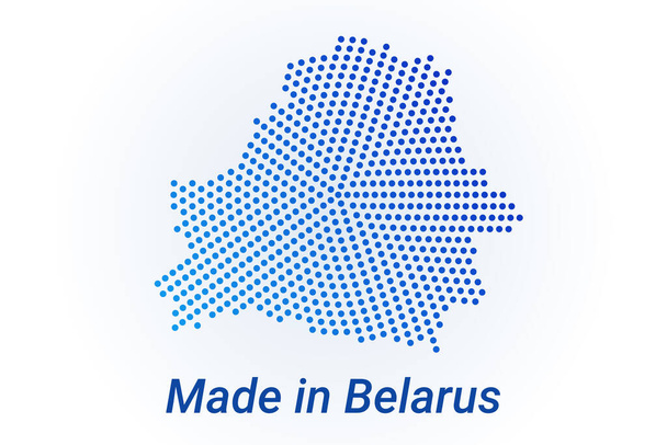 Εικόνα χάρτη της Λευκορωσίας. Εικονογράφηση λογότυπο διάνυσμα με κείμενο Made in Belarus. Μπλε κουκκίδες στο φόντο. Στρογγυλή εικονοστοιχεία Μοντέρνο ψηφιακό γραφικό σχέδιο. Ανοιχτό λευκό φόντο - Διάνυσμα, εικόνα