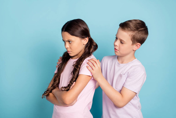 Photo of furious offended upset girl have misunderstanding with her brother try calm sister support touch shoulders wear pink violet isolated over blue color background - Photo, image