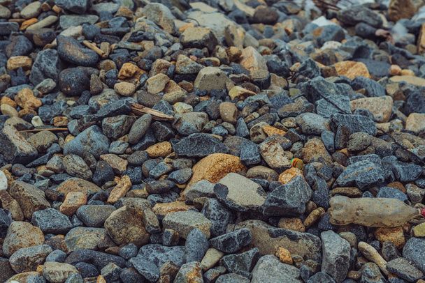 Small and big smooth round pebbles, sea dry stones, multicolour gray gravel. Abstract Composition Textured background. Ideal for web banner design - Fotoğraf, Görsel