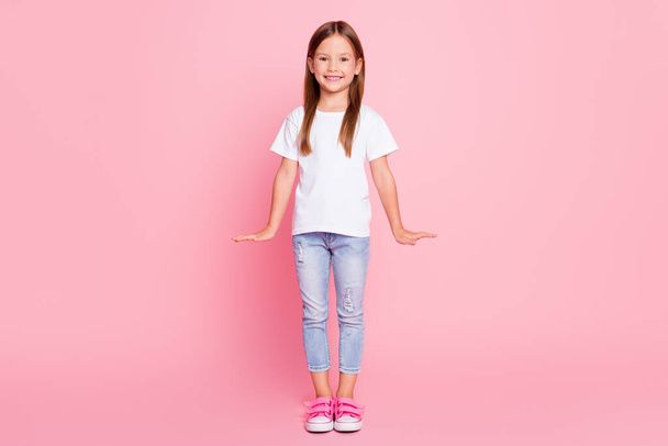 Full length photo of pretty kid girl enjoy summer weekend wear good look clothes isolated over pastel color background - Fotografie, Obrázek