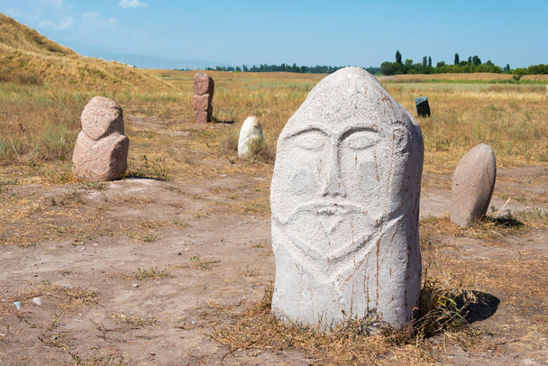 Tokmok, Kirgizië - Kurgan stelae bij Ruïnes van Balasagun in Tokmok, Kirgizië. Balasagun maakt deel uit van de World Heritage Site-Silk Roads: het Routes Network van Chang 'an-Tianshan Corridor. - Foto, afbeelding