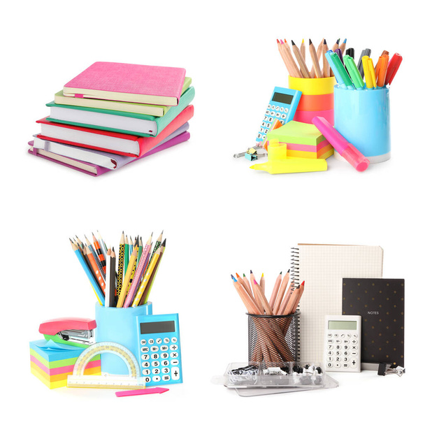 Set of bright school stationery on white background - Foto, afbeelding