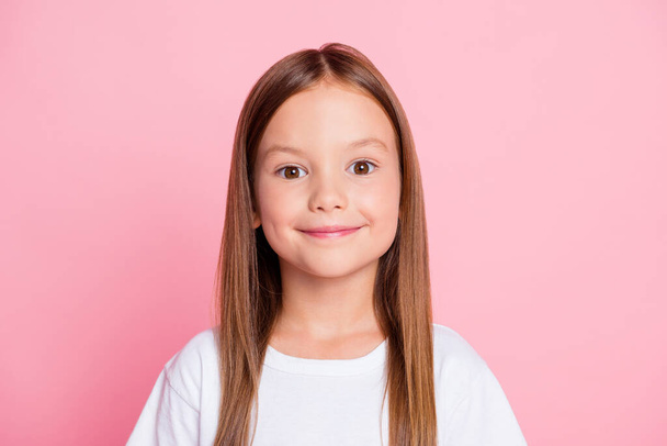 Close-up portrait of her she nice-looking attractive lovely cheerful small little long-haired girl health care healthcare youth generation isolated over pink pastel color background - Φωτογραφία, εικόνα