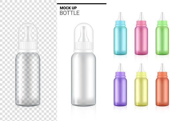 Bottiglia per neonati trasparente 3D Realistico per bevanda al latte e scatola per prodotto su sfondo bianco Illustrazione. Progettazione del concetto di assistenza sanitaria e bevande. - Vettoriali, immagini