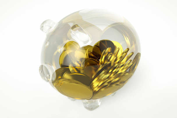 Golden coins inside a transparent piggy bank, 3D render - Valokuva, kuva