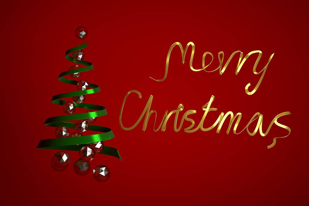 Χριστουγεννιάτικο δέντρο φτιαγμένο από πράσινη κορδέλα με γυαλιστερές μπάλες και την επιγραφή "Καλά Χριστούγεννα" από μια μακριά χρυσή κορδέλα σε κόκκινο φόντο για κάρτες και συγχαρητήρια, 3D απόδοση - Φωτογραφία, εικόνα