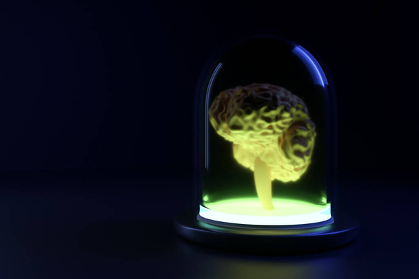 バックライト、知性と心を持つガラス瓶の中に緑の液体を持つ人間の脳、脳研究、メモリトレーニング、 3Dレンダリングの最新技術 - 写真・画像