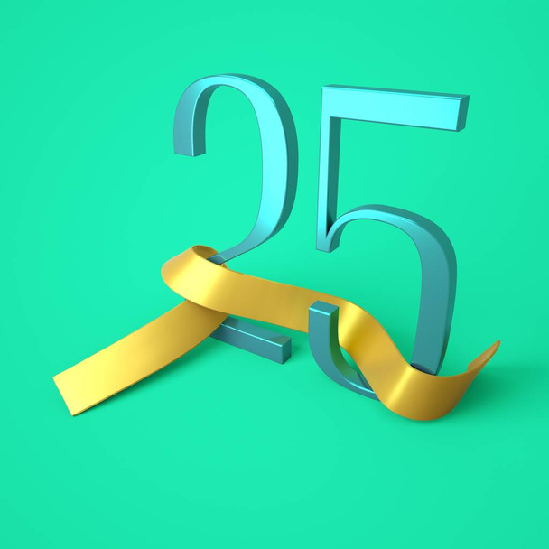 金リボン付き25番、月の25日、誕生日- 25年、 3Dレンダリング - 写真・画像