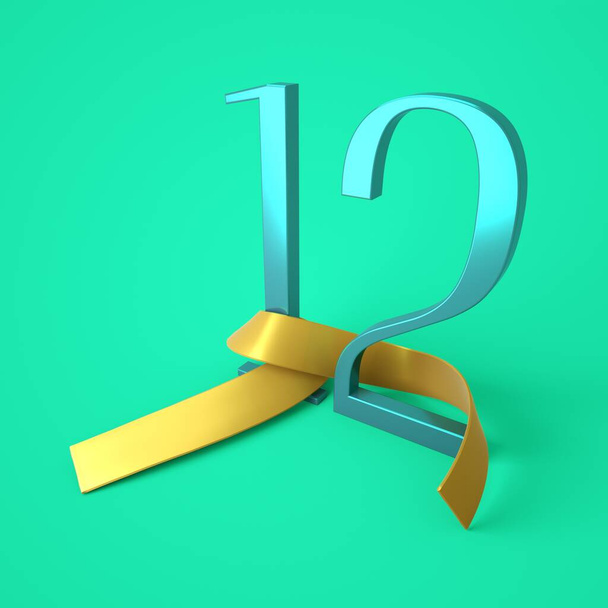 Número doce con una cinta de oro, el día 12 del mes, cumpleaños - 12 años, 3d renderizado - Foto, Imagen