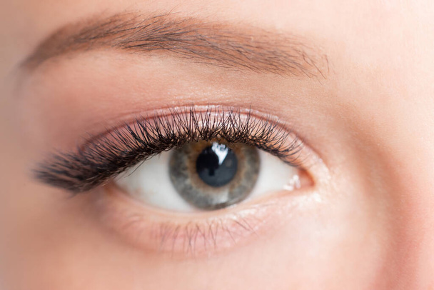 Eyelash extension procedure. Beautiful female eyes with long lashes makeup closeup - Fotoğraf, Görsel