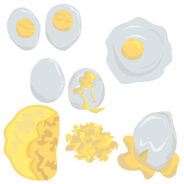 卵、卵、ゆで卵、目玉焼き、オムレツ、スクランブルを調理するさまざまな方法のセット。健康的な朝食有機的な朝食、デザインのベクトルイラスト  - ベクター画像