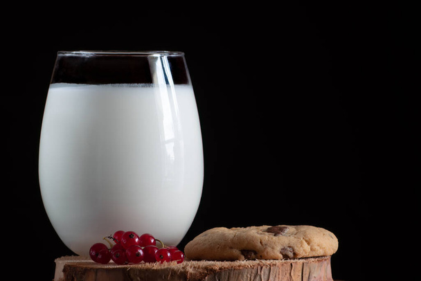 Велика склянка вершкового молока з домашнім печивом збоку та прикрасою червоної смородини. Чорний фон
. - Фото, зображення