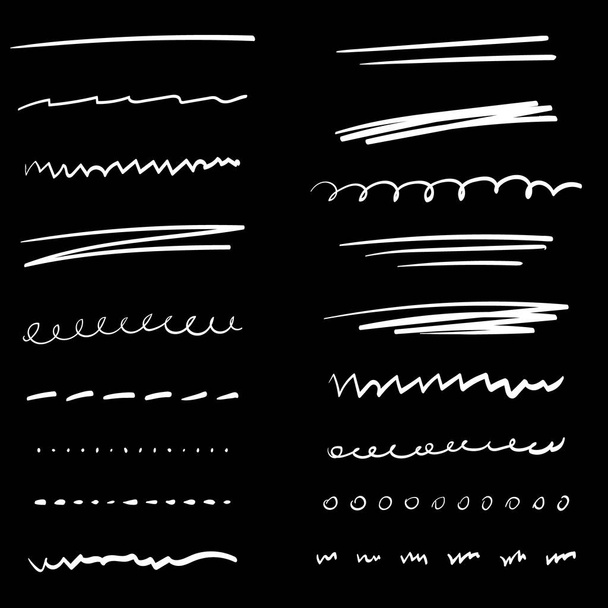Set di linee fatte a mano, linee di pennello, sottolineature. Collezione disegnata a mano di stile doodle varie forme. Linee d'arte. Isolato sul nero. Illustrazione vettoriale - Vettoriali, immagini