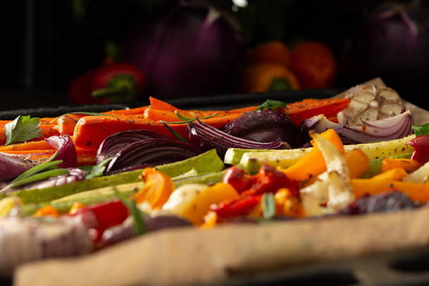 Stewed vegetables on a baking sheet - Photo, Image