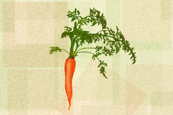 Une carotte avec des verts sur le dessus est vu sur un fond grunge en vert et orange. - Photo, image