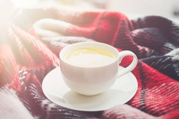 Cup of tea with lemon and warm woolen blanket on window sill. Hot drink for rainy days. Hygge concept, autumn mood. Cozy winter morning at home. Warm and comfy fall weekend. Relaxing in cold weather. - Photo, Image