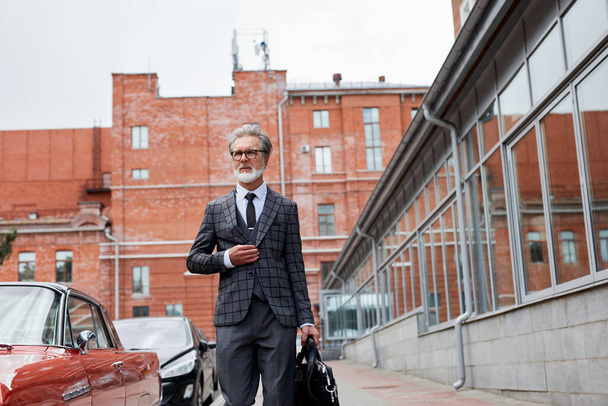 old rich fashionable man next to the luxury automobile - Фото, изображение
