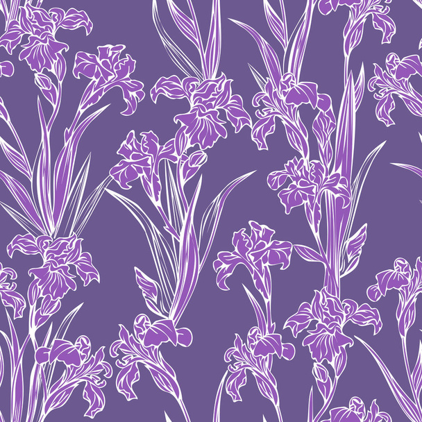 Flores de iris. Patrón sin costura vectorial con flores de iris púrpura para scrapbooking, impresión. - Vector, imagen
