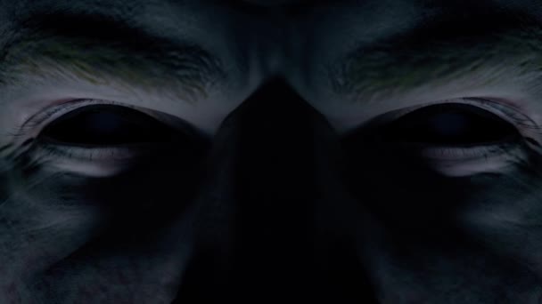 Scary menacing gaze of a man with empty black eyes close-up. Horror concept. Seamless loop character facial animation with cinematic lighting. 3d render - Footage, Video
