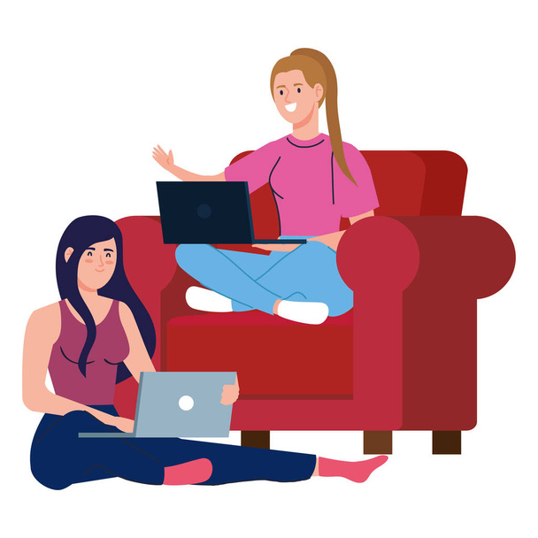 women cartoons with laptop on chair working vector design - Vector, Image