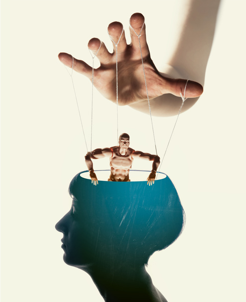 Marionette insan kafasında. Zihin kontrolü kavramı. Resim - Fotoğraf, Görsel
