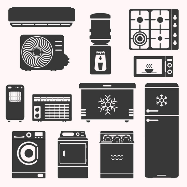Σημαντικές οικιακές συσκευές που, όπως φούρνο, ψυγείο, καταψύκτη, ψύκτη νερού, φούρνο μικροκυμάτων, κλιματισμό, πλυντήριο πιάτων, στεγνωτήριο, πλυντήριο ρούχων. Οικιακός εξοπλισμός. Εικόνα διανύσματος λευκών αγαθών. - Διάνυσμα, εικόνα