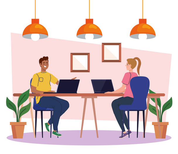 coworking space, couple in desk with laptops, team working concept - Vector, Image