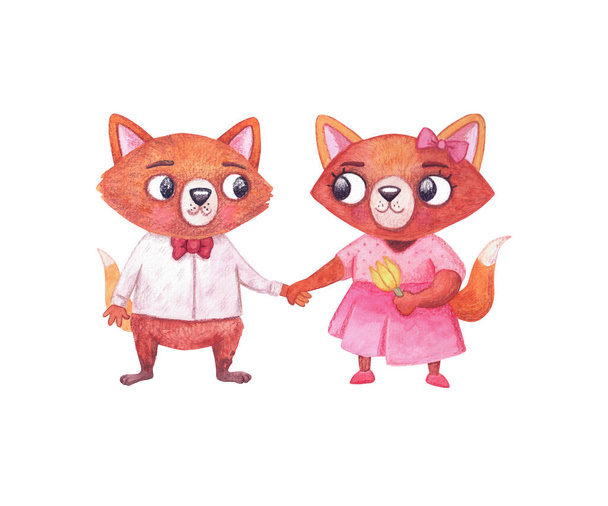Bella illustrazione ad acquerello con personaggi volpi dolci. Romantici animali di San Valentino realizzati in tecnica acquerello - Foto, immagini