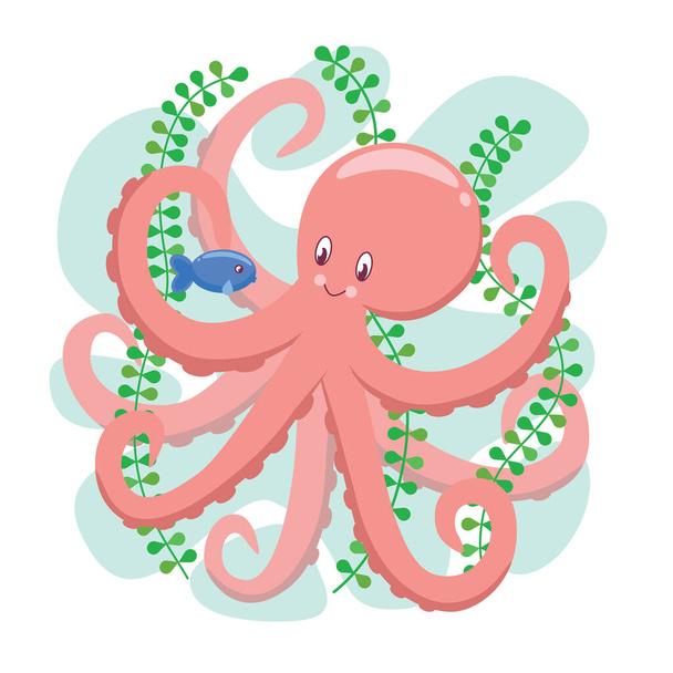 Pieuvre rose, personnage de dessin animé mignon. Charmant poulpe et petit poisson, illustration vectorielle pour enfants, motif imprimé fond blanc - Vecteur, image