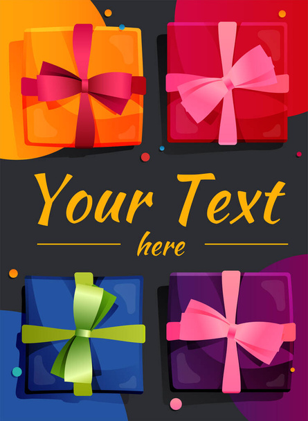Illustration with set of bright colorful gift boxes and place for your text suitable for posters, banners, cards - Vector, Imagen