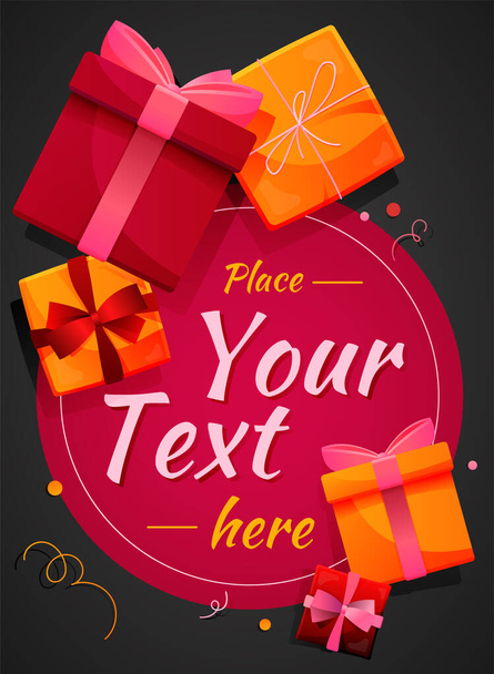 Poster design template with a set of bright gift boxes, ribbons, bows and place for your text. Suitable for poster, card, banner, invitaion for birthday, wedding, christmas, new year and other holiday - Vektor, Bild