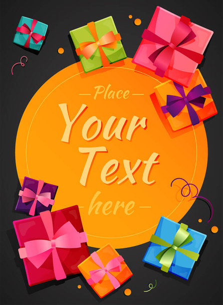 Poster design template with a set of bright gift boxes, ribbons, bows and place for your text. Suitable for poster, card, banner, invitaion for birthday, wedding, christmas, new year and other holiday - Vektor, obrázek