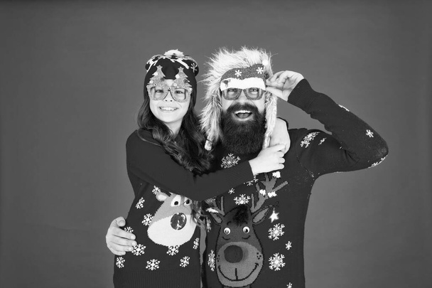 Merry christmas. Happy family. Small girl and cheerful father man. Family values. Family wear winter sweaters. Having fun. Christmas memories. Dad and daughter celebrate new year. Family holiday - Foto, Bild