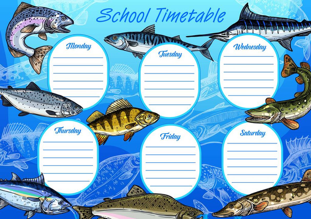 Stundenplan-Vektorvorlage mit Stundenplan der Schüler. Studienplan oder Wochenplaner mit Stundenplan-Layouts im Hintergrund mit Fisch, Lachs, Thunfisch, Marlin und Makrele - Vektor, Bild