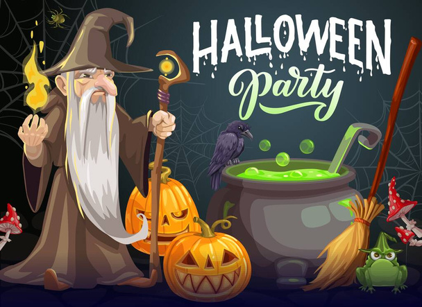 Векторный постер на Хэллоуинской вечеринке. Волшебник с длинной белой бородой, халатом и шляпой держит волшебный посох и огонь возле котла с зеленым зельем. Тыквы, вороны, лягушка и метла на Хэллоуин - Вектор,изображение