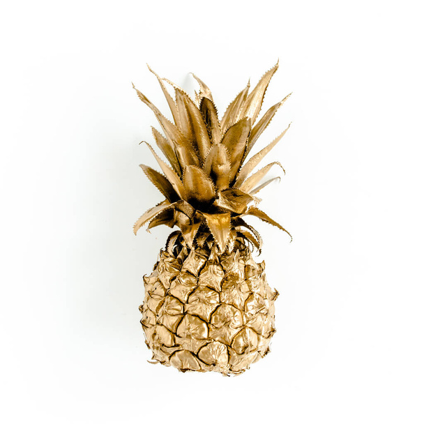 Top view golden pineapple isolated on white background. Food concept. Template blog social media. Minimal style. flat lay - Fotoğraf, Görsel