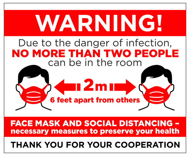 Warning sign restriction of visiting the premises. Only two people at a time. Use a face mask and keep your distance. Vector sign for use in shops, pharmacies, cafes, trade establishments. - Vector, Image